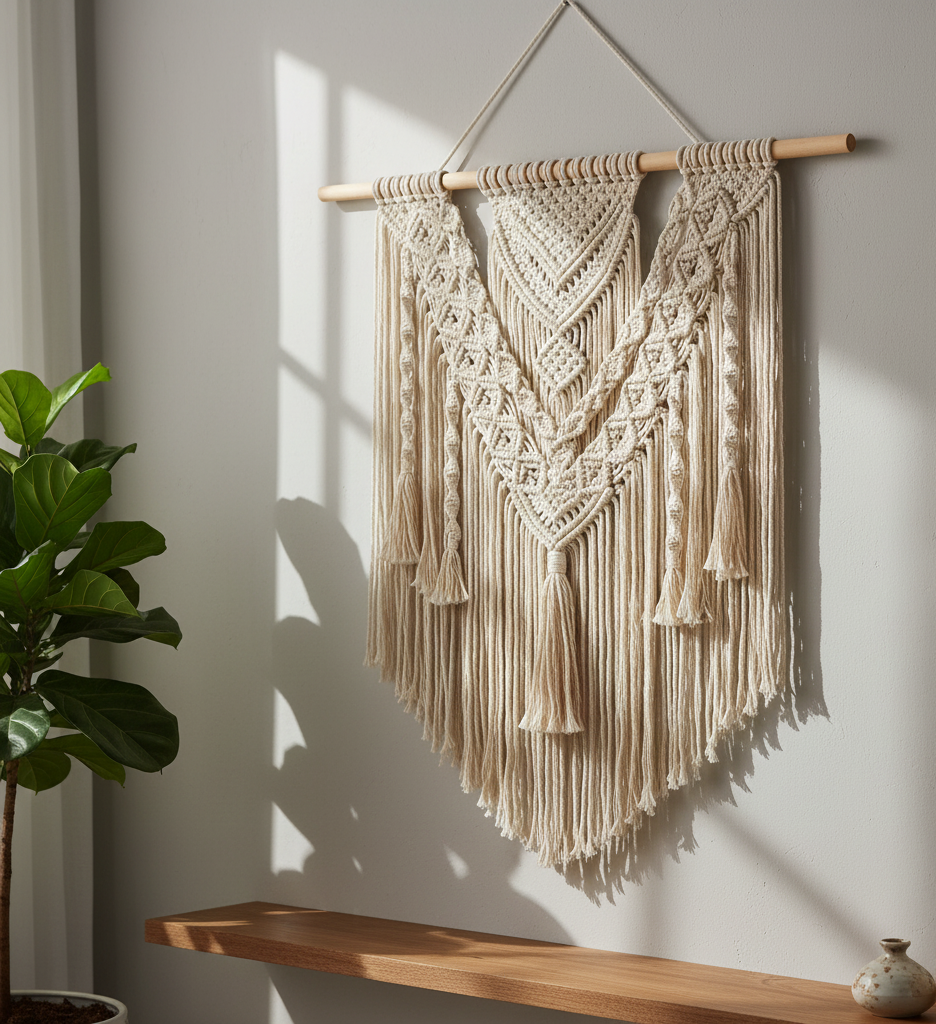 Macrame Wall Hanging – Boho Home Decor displayed in a cozy modern African home interior.