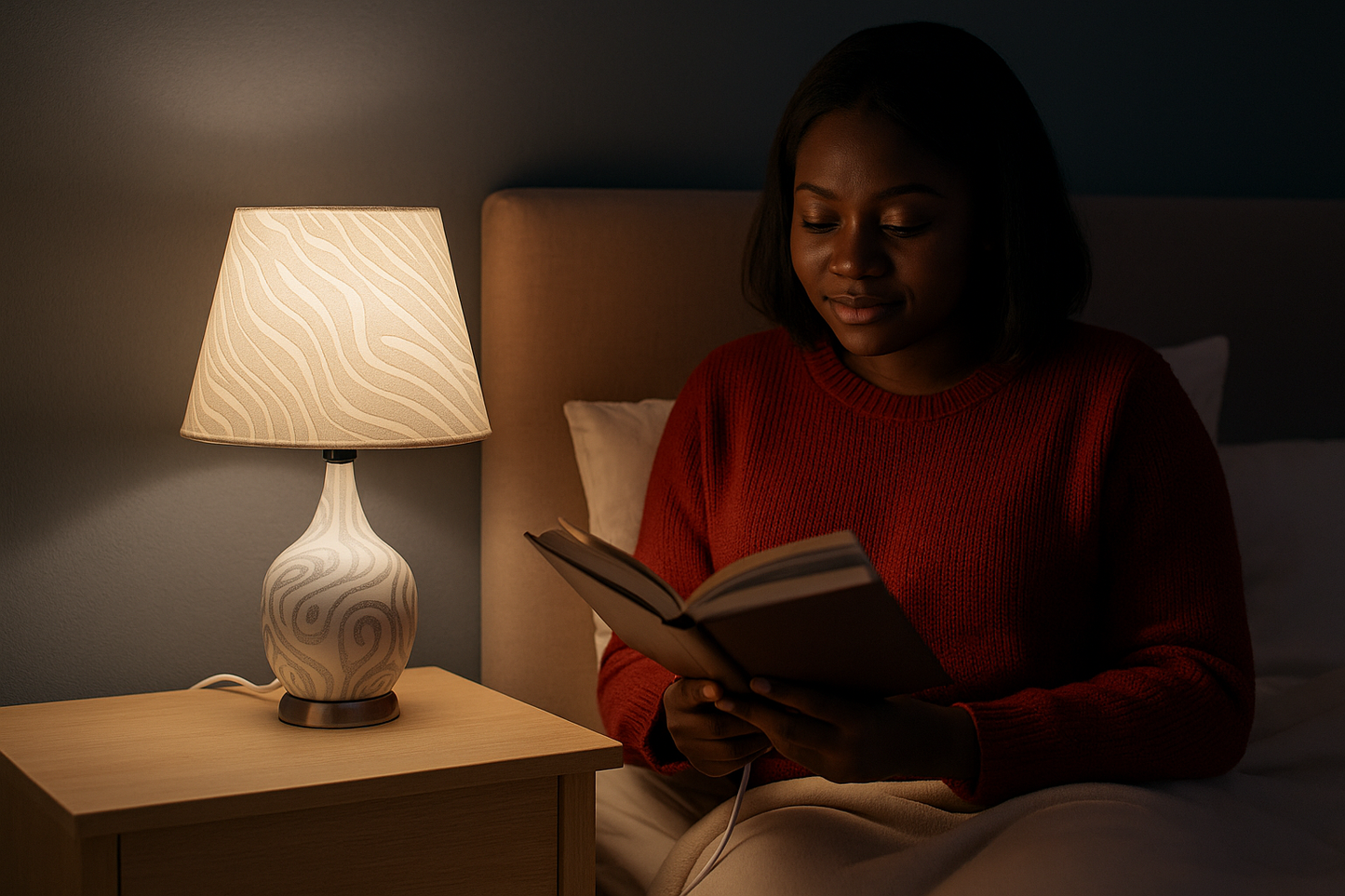 Modern Bedside Lamp – Warm & Elegant Lighting displayed in a cozy modern African home interior.