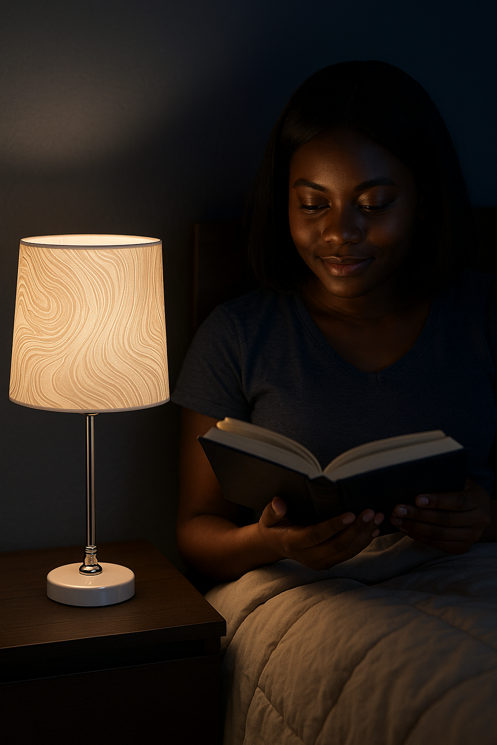 Modern Bedside Lamp – Warm & Elegant Lighting displayed in a cozy modern African home interior.